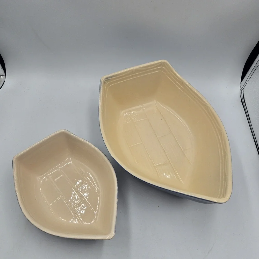 2 BCI Fabrique En Bretagne Pate Dish Baker Ceramic Boat Blue France Vintage